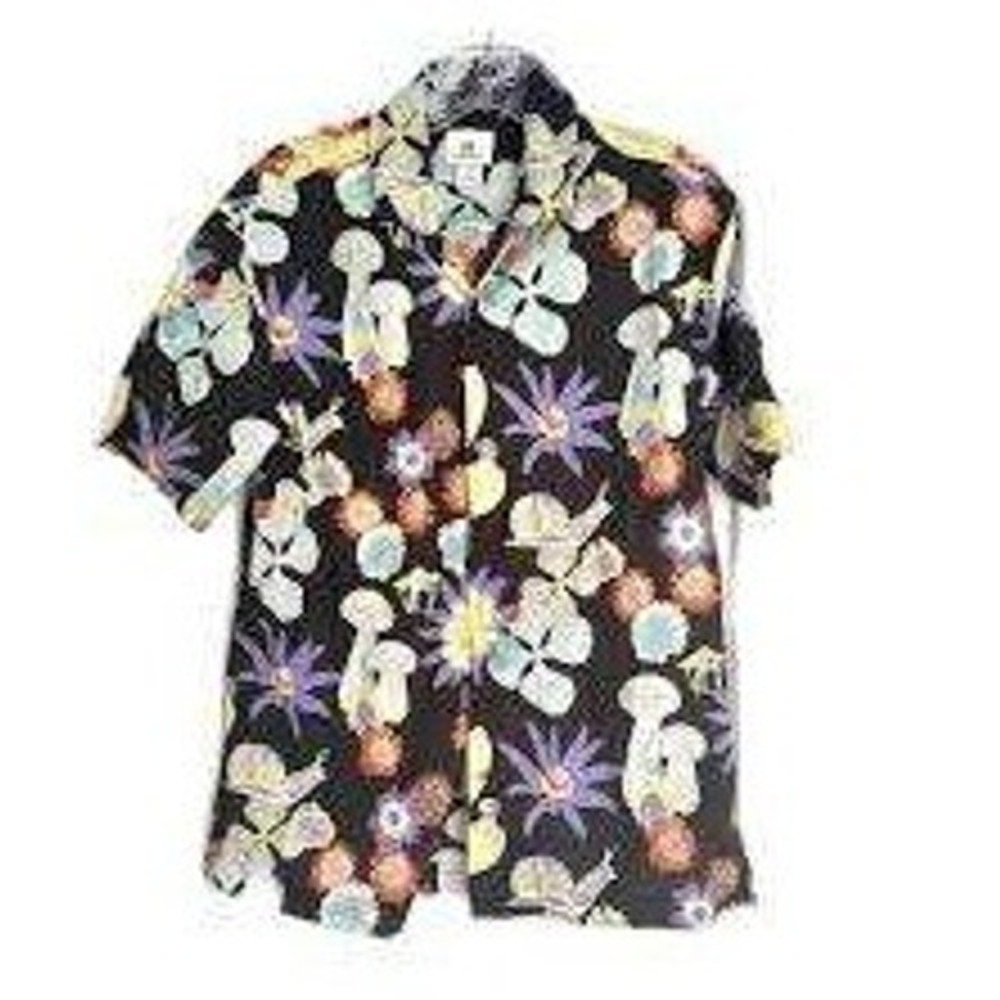 H & M Relaxed Fit Black Floral Mens Button Up Short Sleeve‎ Shirt Size Small